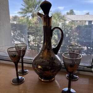 MCM Smoke Glass Gold Floral Decanter w/ 4 Cordial Glasses Bar Set Classy Shot